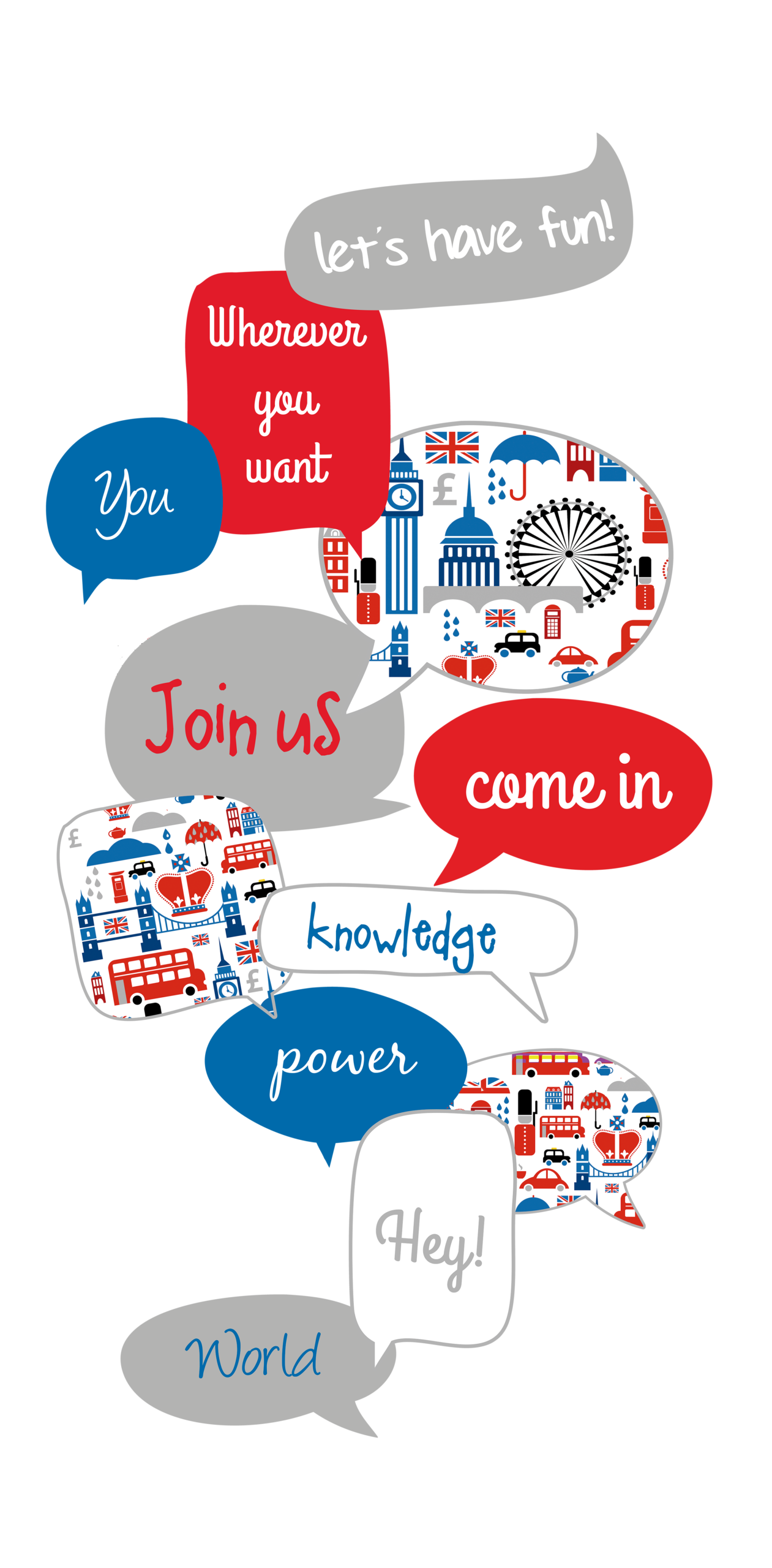 Varios bocadillos sobrepuestos con motivos ingleses